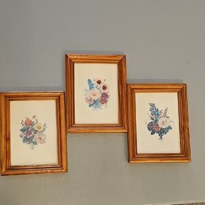 Set of Three Floral Art Prints in Wooden Frames